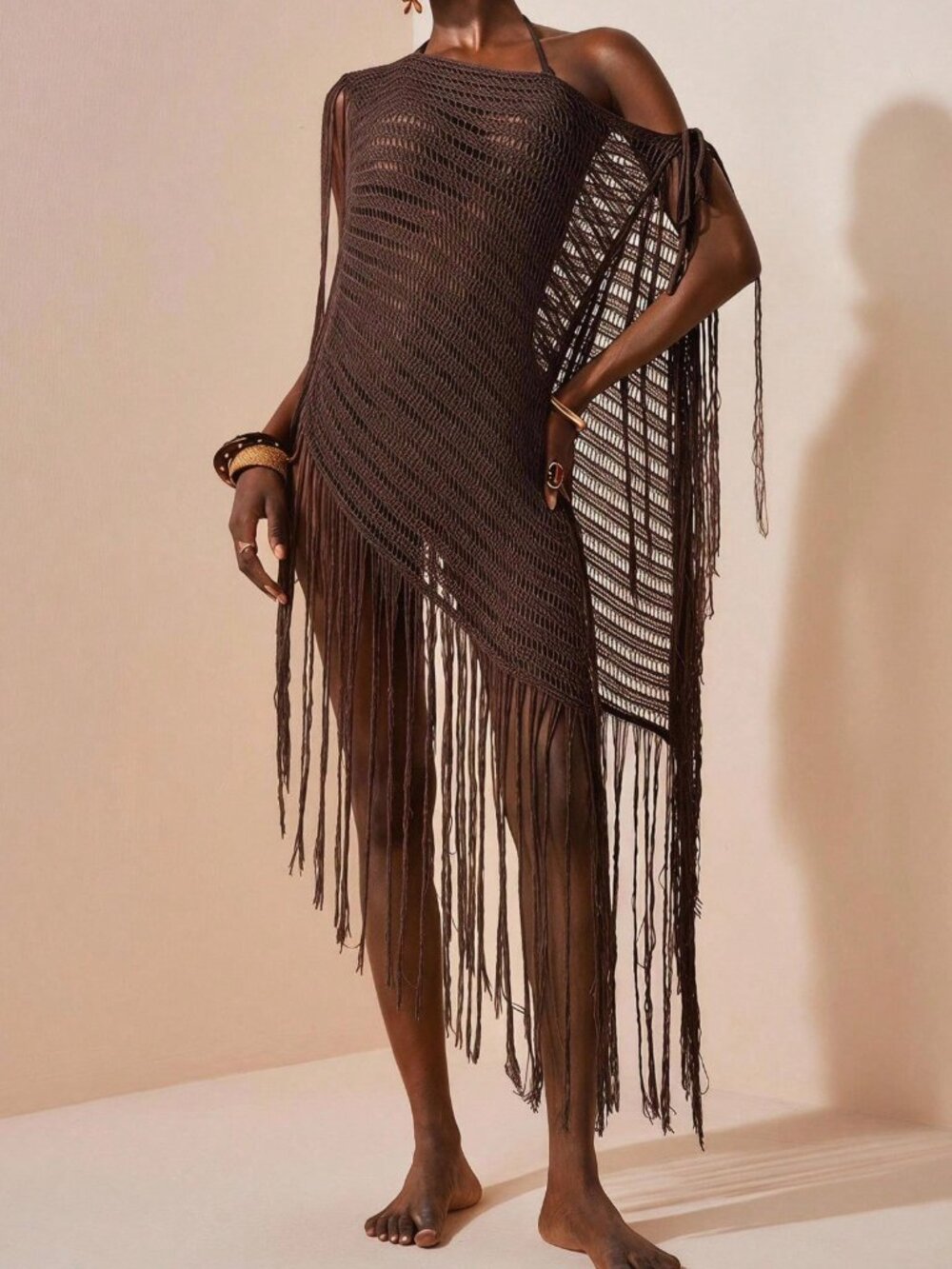 Rust Brown Elegant Women's Knit Off-Shoulder Tassel Cover-Up - Picture 10 of 11
